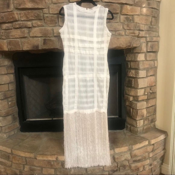 Long white sleeveless dress with fringe.  Dress is see-through.  Large - Picture 1 of 9